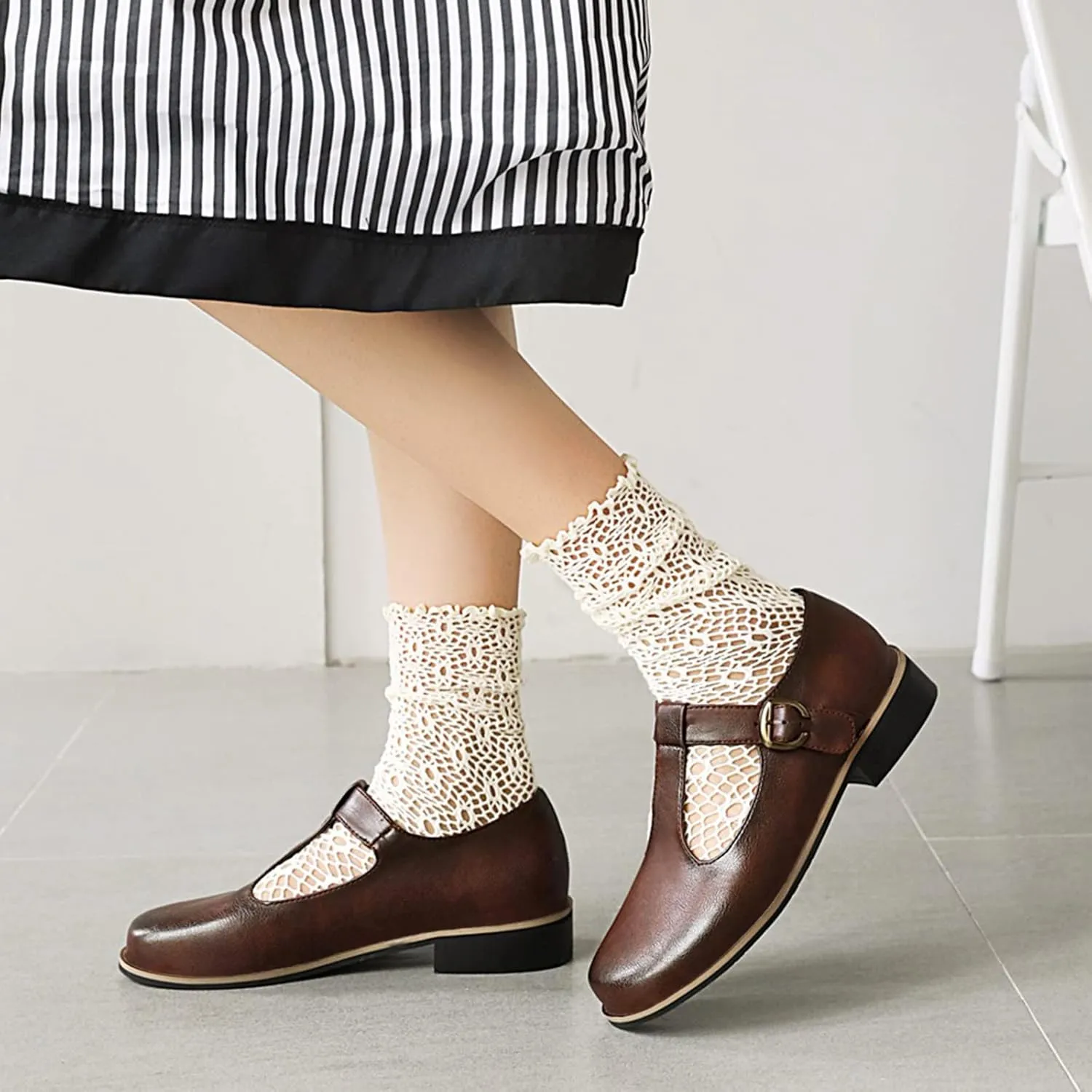 Gicoiz Round Toe Mary Jane Brogue Womens Block Low Heel Pumps