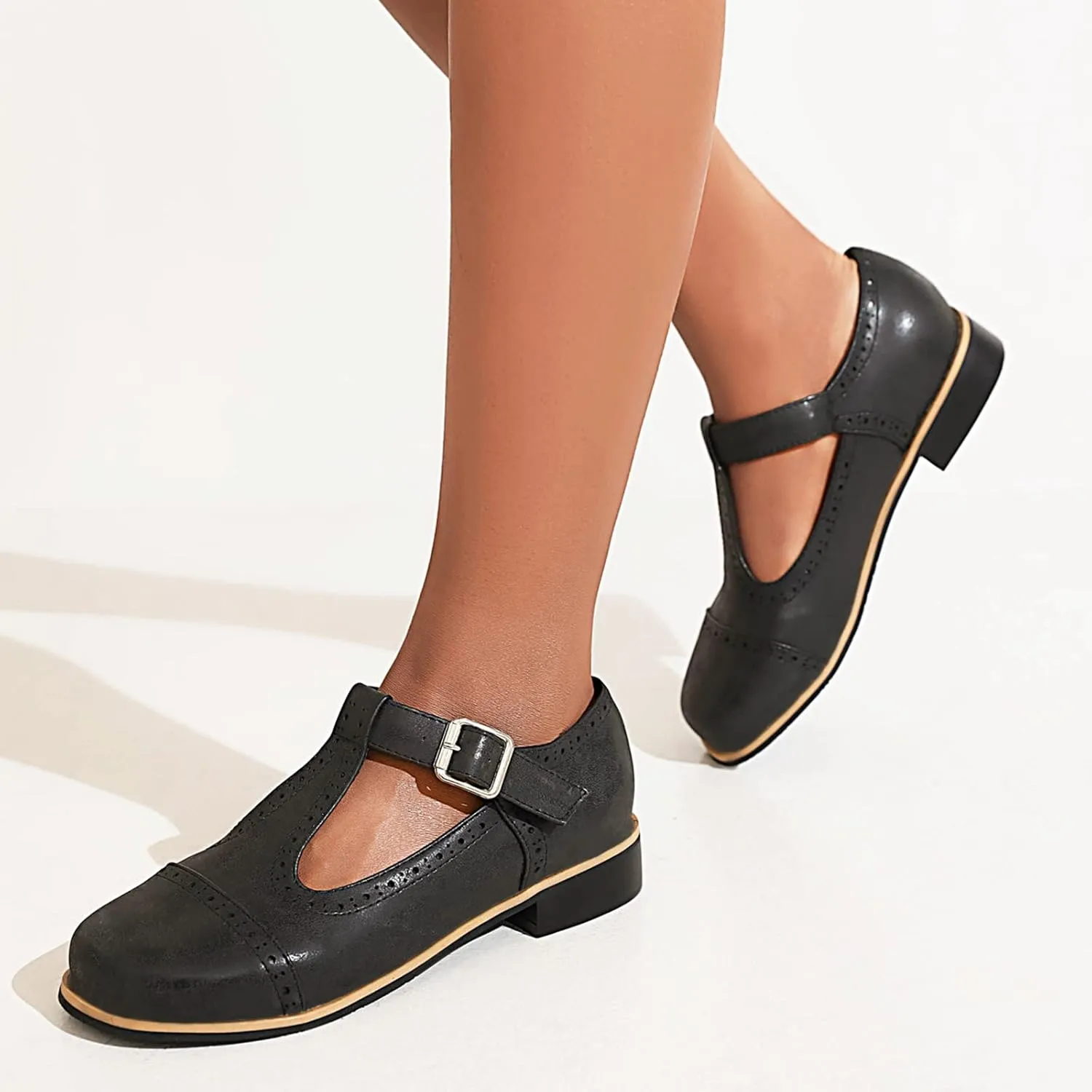 Gicoiz Round Toe Mary Jane Brogue Womens Block Low Heel Pumps