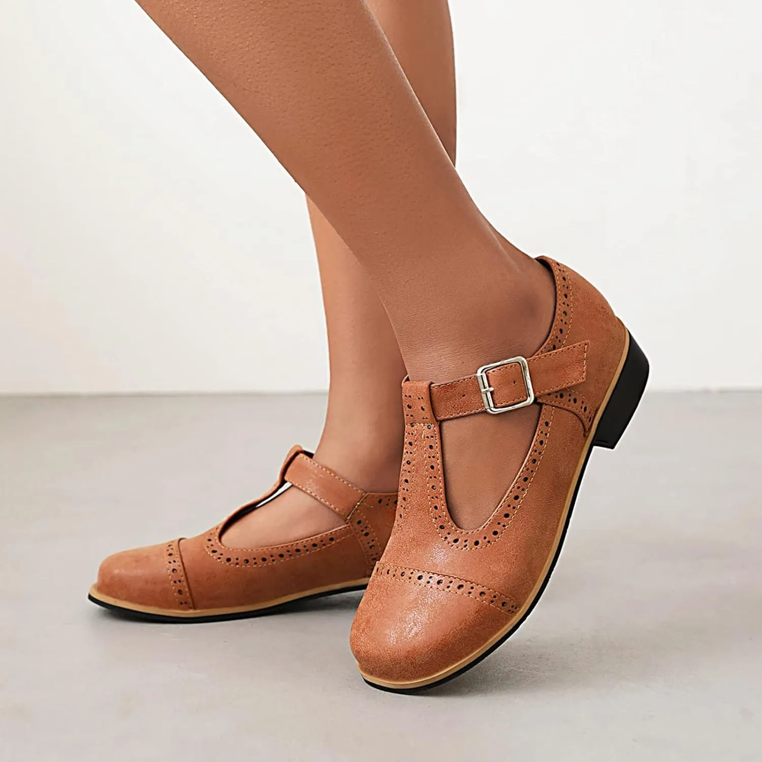 Gicoiz Round Toe Mary Jane Brogue Womens Block Low Heel Pumps