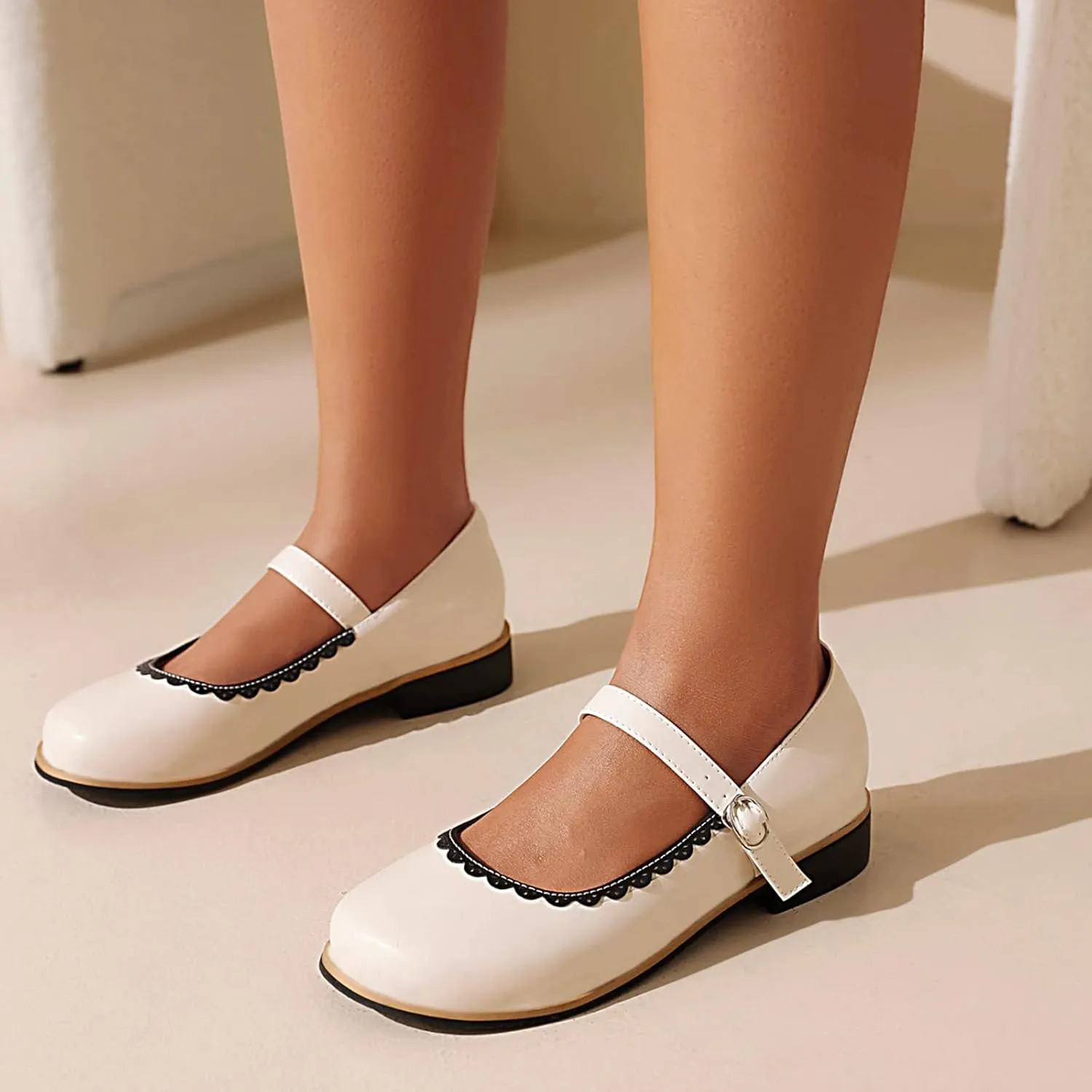 Gicoiz Round Toe Mary Jane Brogue Womens Block Low Heel Pumps