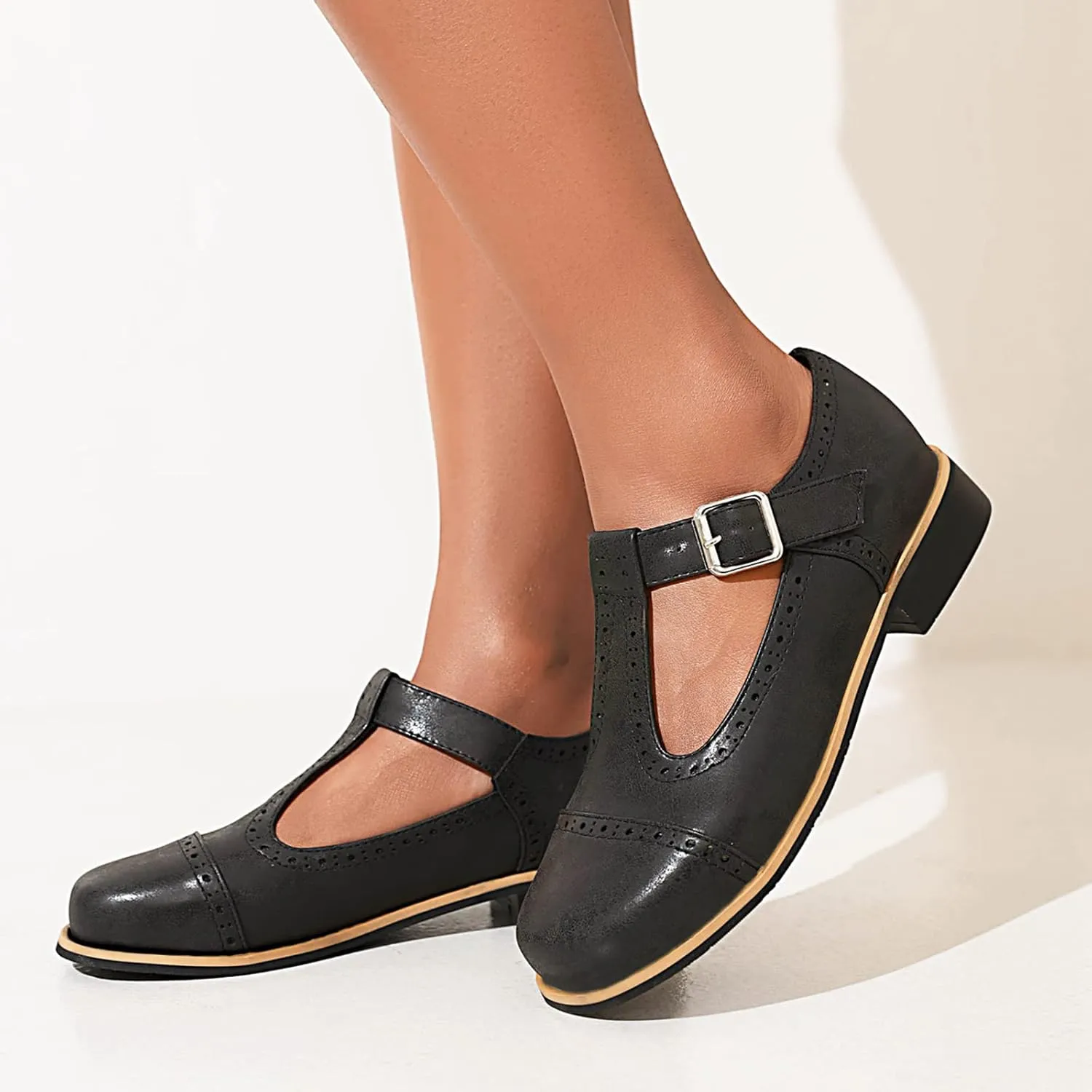 Gicoiz Round Toe Mary Jane Brogue Womens Block Low Heel Pumps