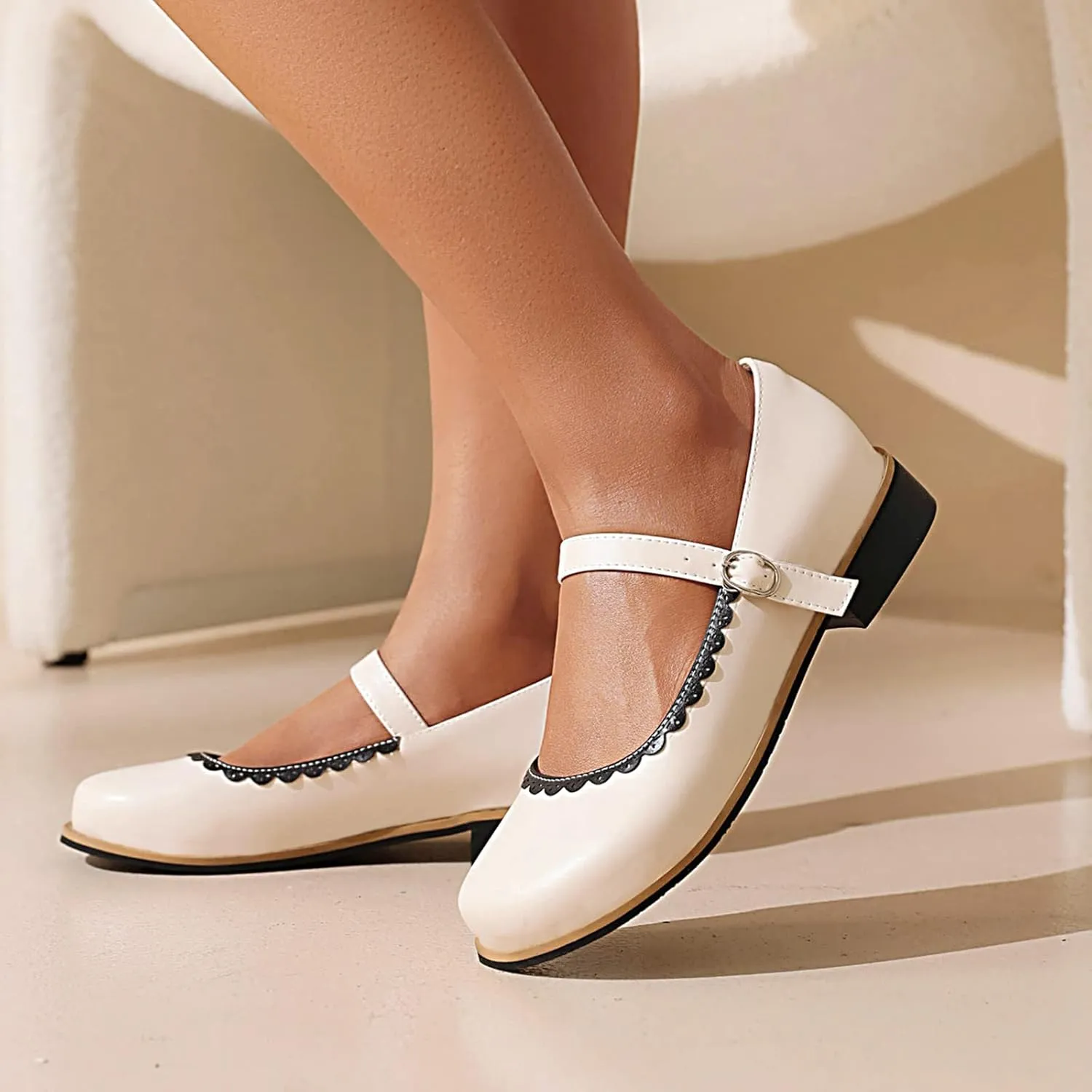 Gicoiz Round Toe Mary Jane Brogue Womens Block Low Heel Pumps