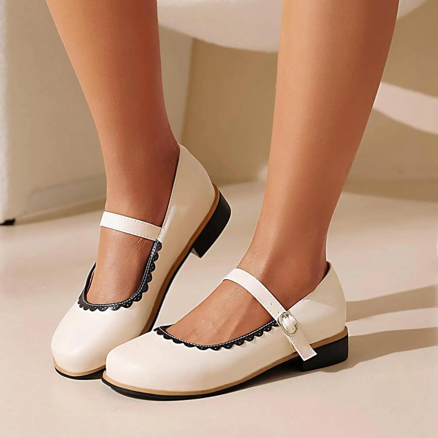 Gicoiz Round Toe Mary Jane Brogue Womens Block Low Heel Pumps
