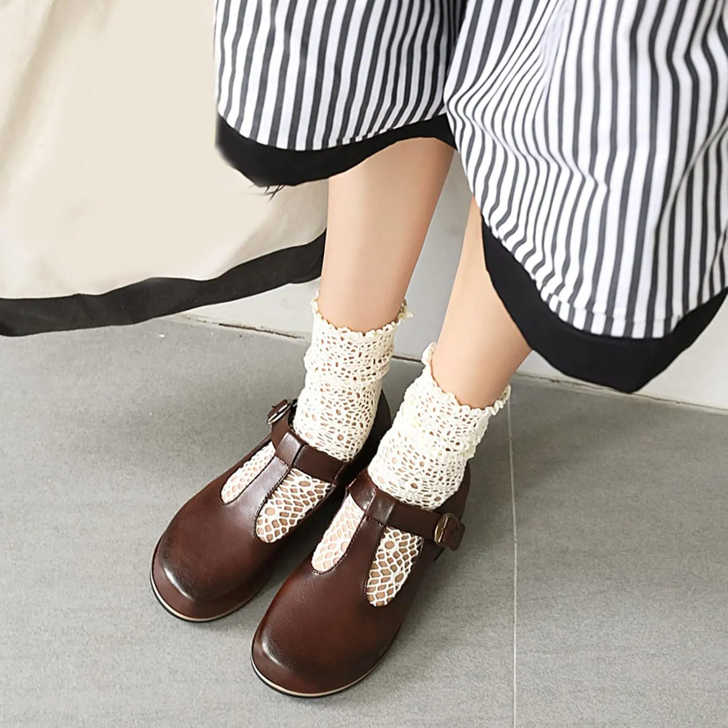 Gicoiz Round Toe Mary Jane Brogue Womens Block Low Heel Pumps