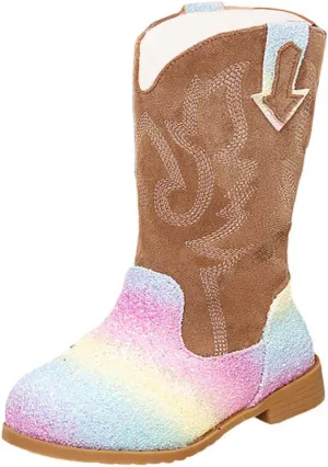 Girls Cowgirl Boots Mid Calf Square Toe Western Boot for Kids Glitter Cowboy Boots Party Toddler Girls Riding Shoes