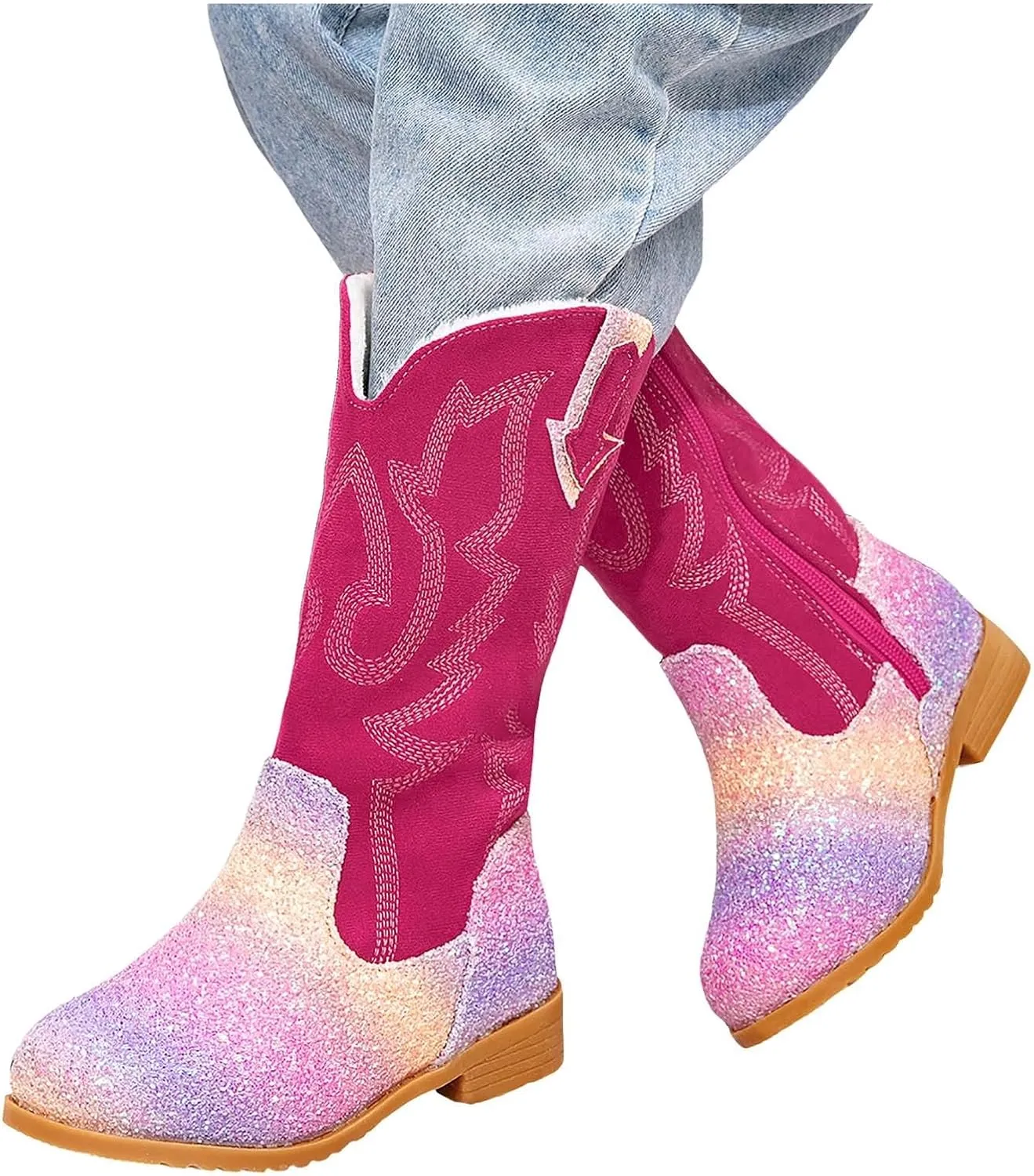 Girls Cowgirl Boots Mid Calf Square Toe Western Boot for Kids Glitter Cowboy Boots Party Toddler Girls Riding Shoes