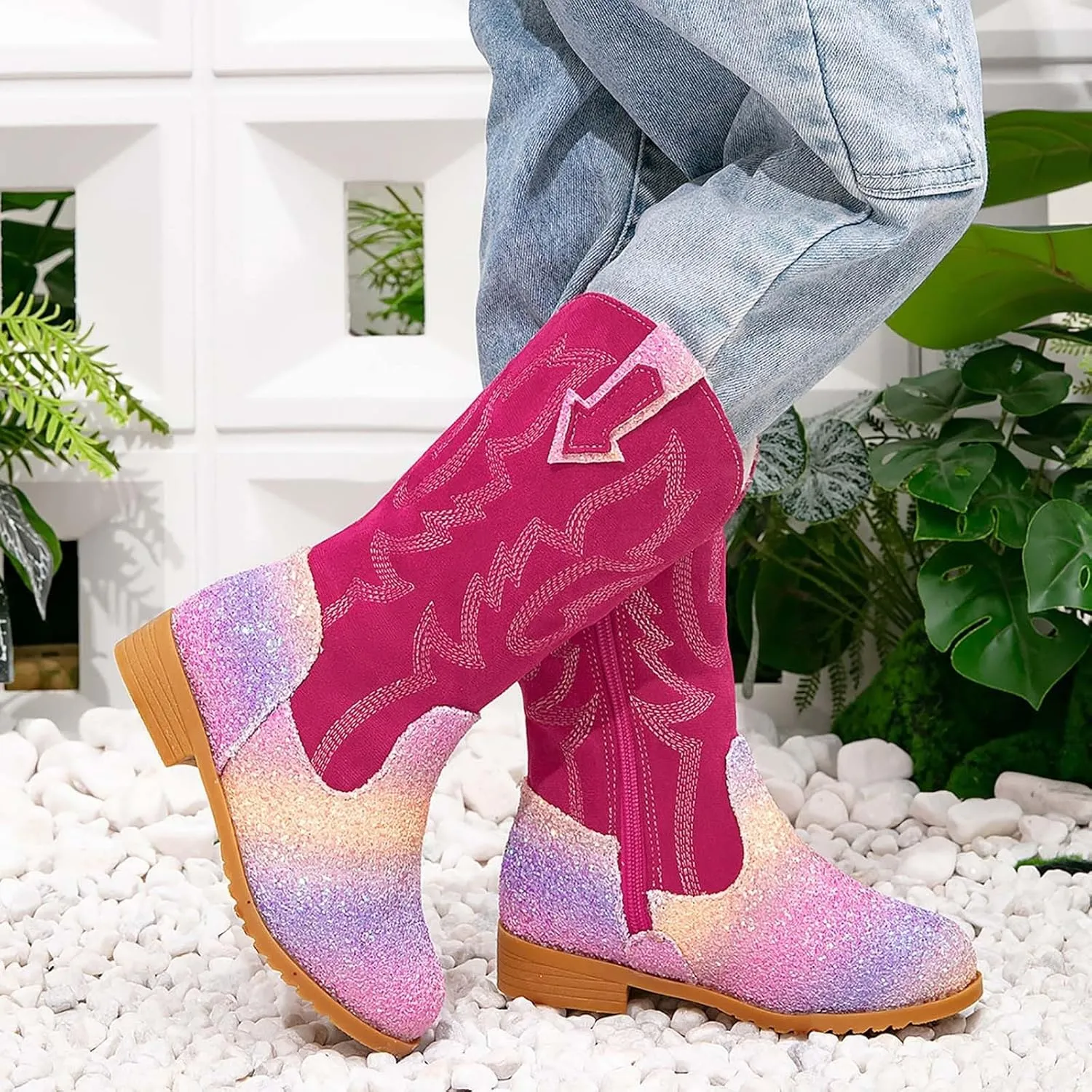 Girls Cowgirl Boots Mid Calf Square Toe Western Boot for Kids Glitter Cowboy Boots Party Toddler Girls Riding Shoes