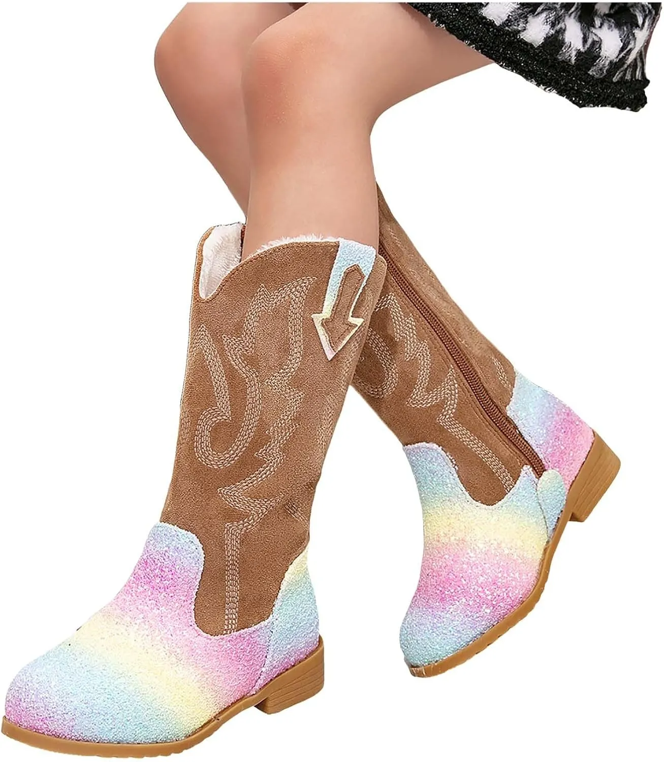 Girls Cowgirl Boots Mid Calf Square Toe Western Boot for Kids Glitter Cowboy Boots Party Toddler Girls Riding Shoes