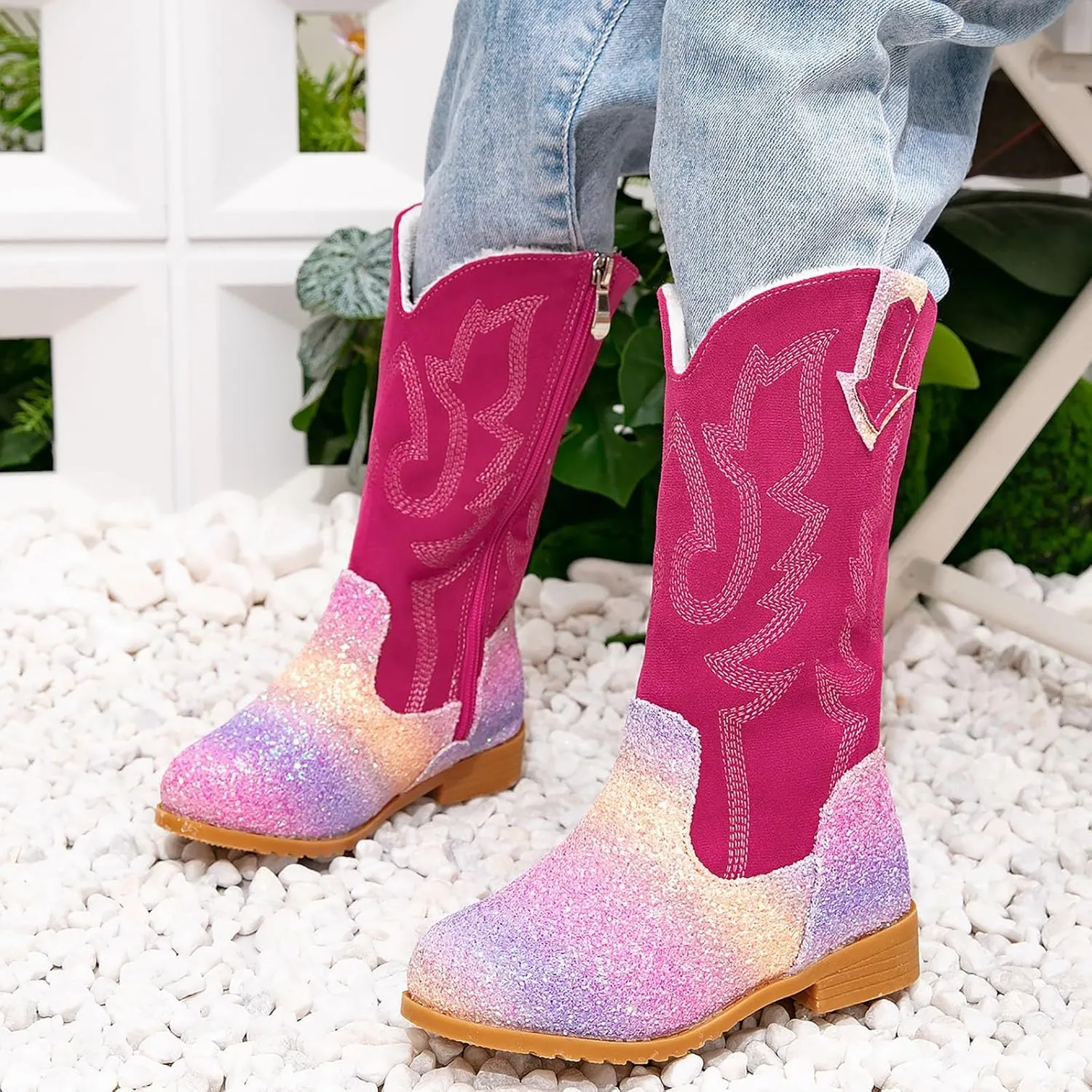 Girls Cowgirl Boots Mid Calf Square Toe Western Boot for Kids Glitter Cowboy Boots Party Toddler Girls Riding Shoes