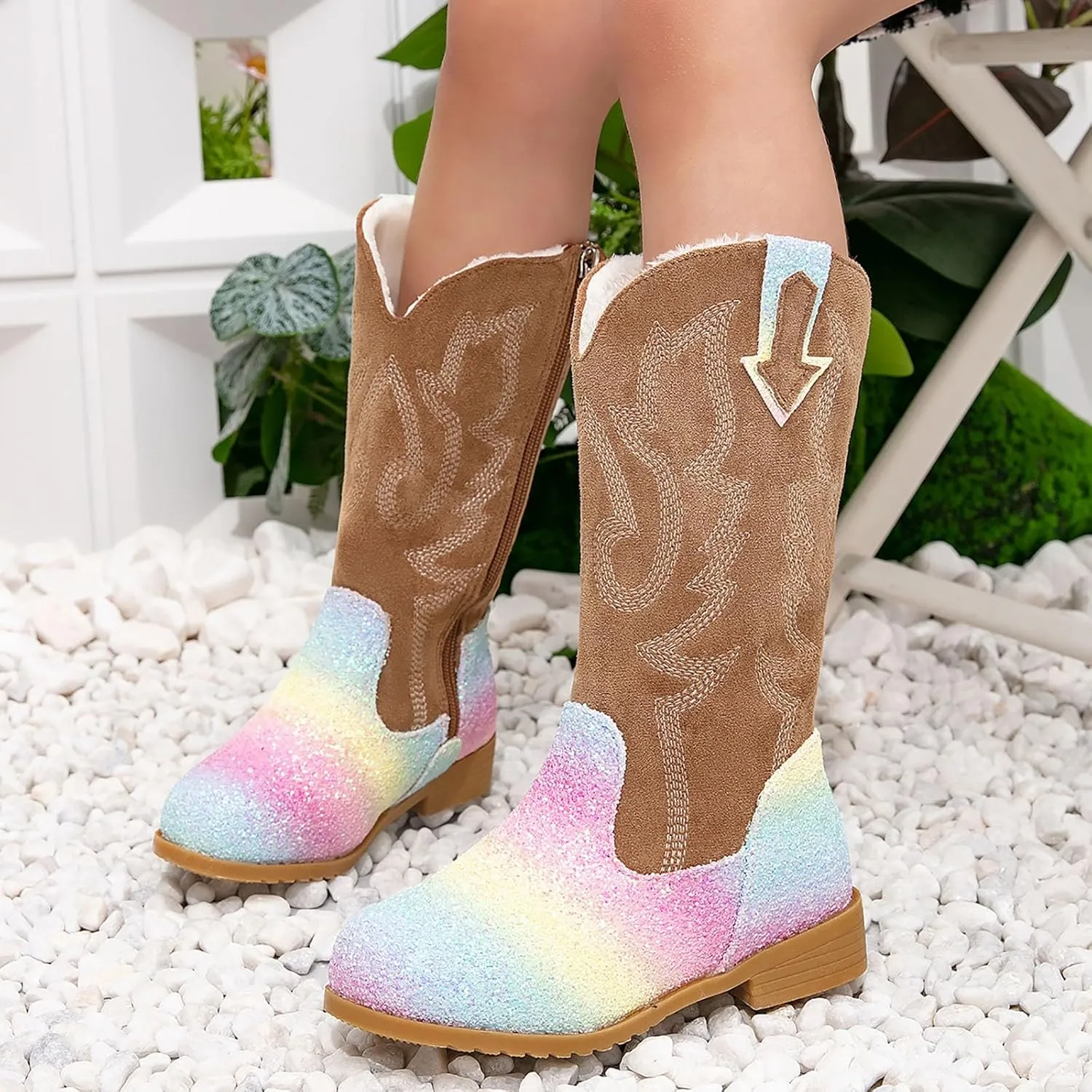 Girls Cowgirl Boots Mid Calf Square Toe Western Boot for Kids Glitter Cowboy Boots Party Toddler Girls Riding Shoes