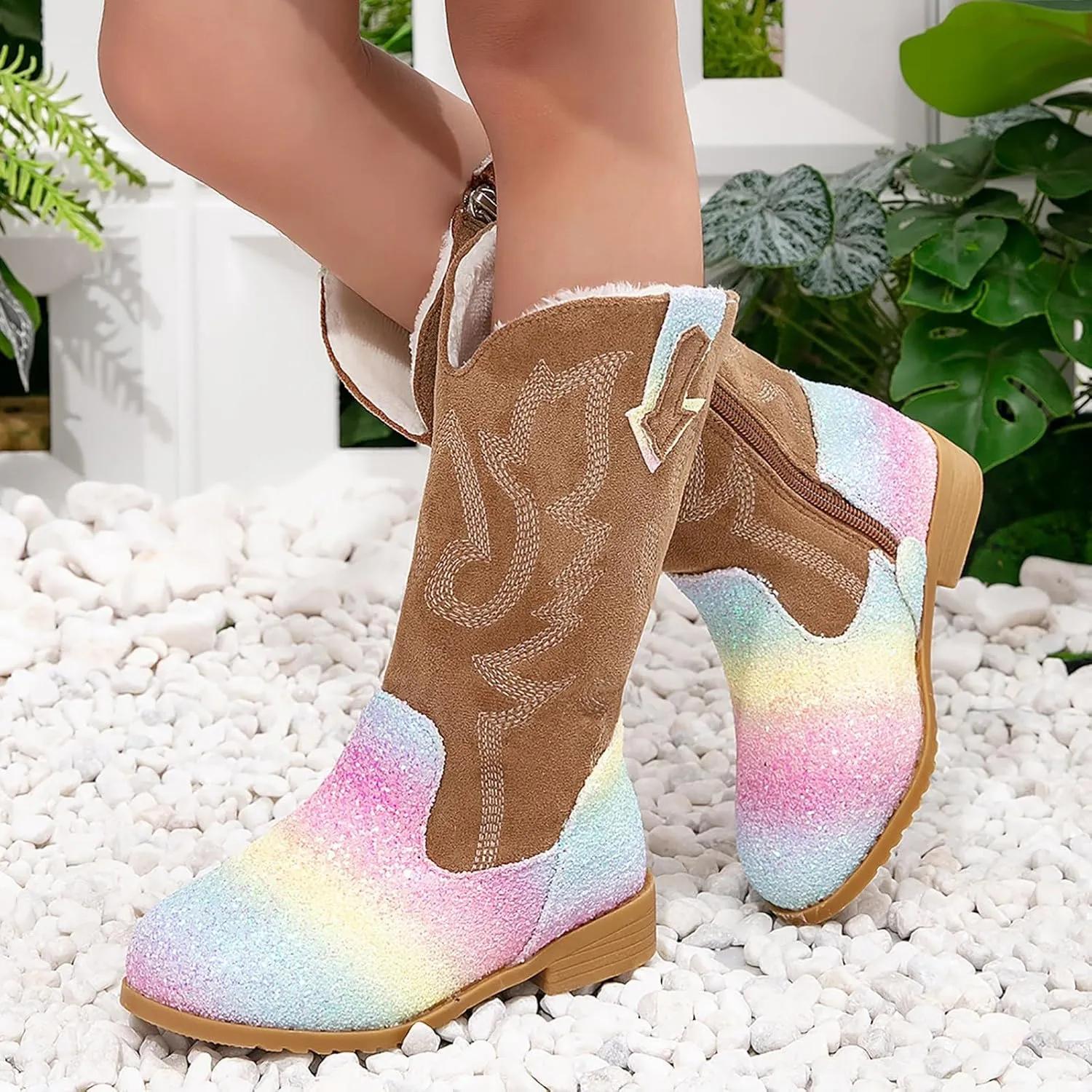 Girls Cowgirl Boots Mid Calf Square Toe Western Boot for Kids Glitter Cowboy Boots Party Toddler Girls Riding Shoes