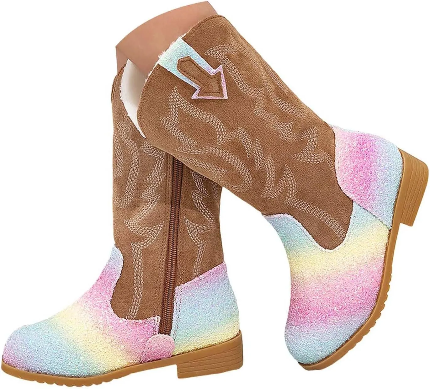 Girls Cowgirl Boots Mid Calf Square Toe Western Boot for Kids Glitter Cowboy Boots Party Toddler Girls Riding Shoes