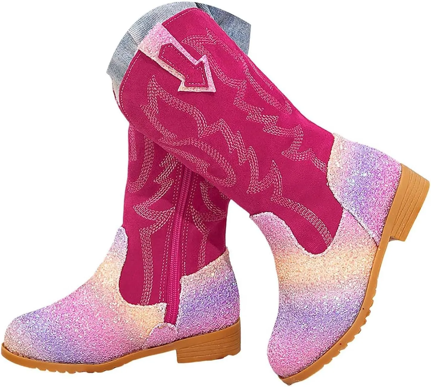 Girls Cowgirl Boots Mid Calf Square Toe Western Boot for Kids Glitter Cowboy Boots Party Toddler Girls Riding Shoes