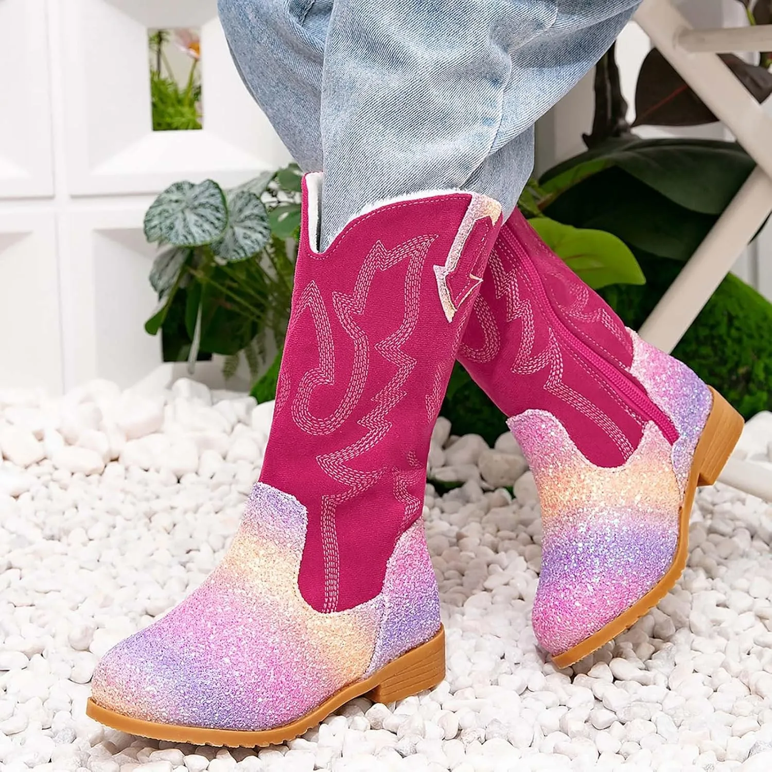 Girls Cowgirl Boots Mid Calf Square Toe Western Boot for Kids Glitter Cowboy Boots Party Toddler Girls Riding Shoes