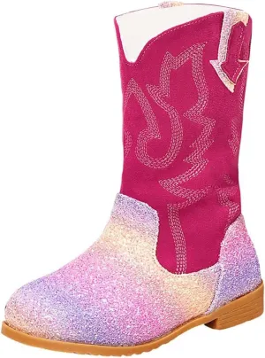 Girls Cowgirl Boots Mid Calf Square Toe Western Boot for Kids Glitter Cowboy Boots Party Toddler Girls Riding Shoes
