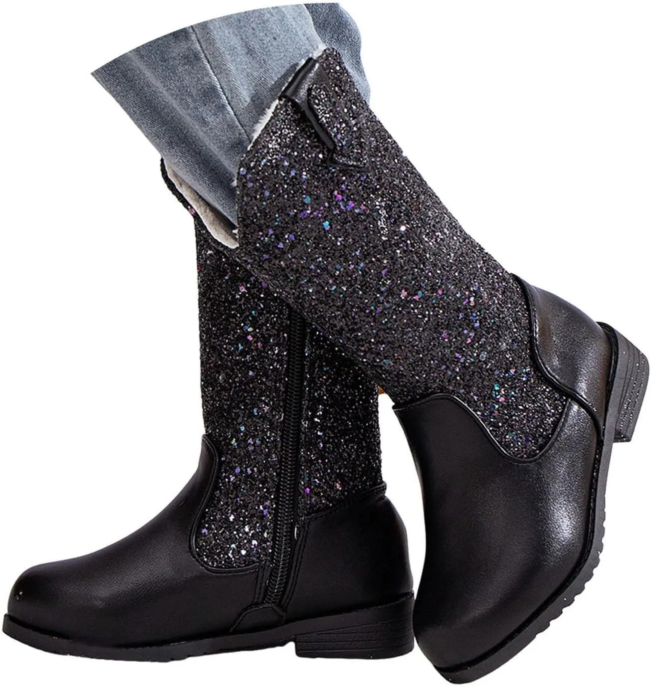 Girls Cowgirl Boots Mid Calf Square Toe Western Boot for Kids Sparkly Glitter Cowboy Boots Toddler Girls Outdoor Shoe