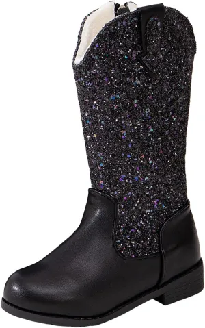 Girls Cowgirl Boots Mid Calf Square Toe Western Boot for Kids Sparkly Glitter Cowboy Boots Toddler Girls Outdoor Shoe