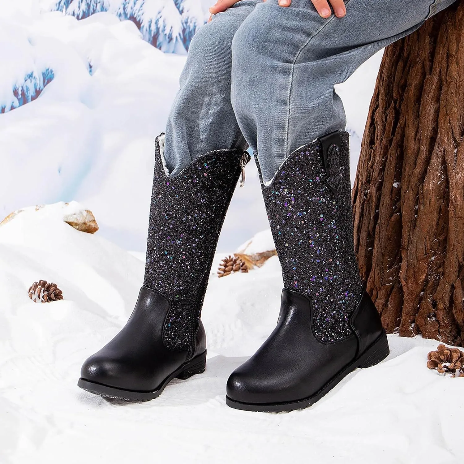 Girls Cowgirl Boots Mid Calf Square Toe Western Boot for Kids Sparkly Glitter Cowboy Boots Toddler Girls Outdoor Shoe