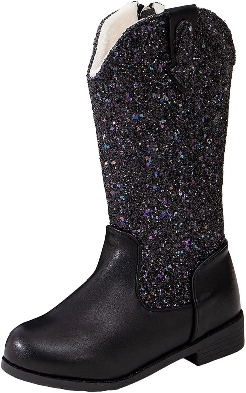 Girls Cowgirl Boots Mid Calf Square Toe Western Boot for Kids Sparkly Glitter Cowboy Boots Toddler Girls Outdoor Shoe