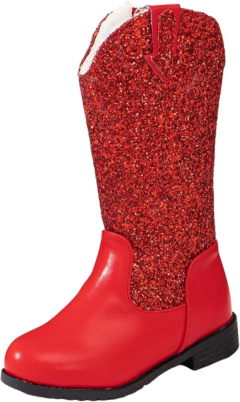 Girls Cowgirl Boots Mid Calf Square Toe Western Boot for Kids Sparkly Glitter Cowboy Boots Toddler Girls Outdoor Shoe