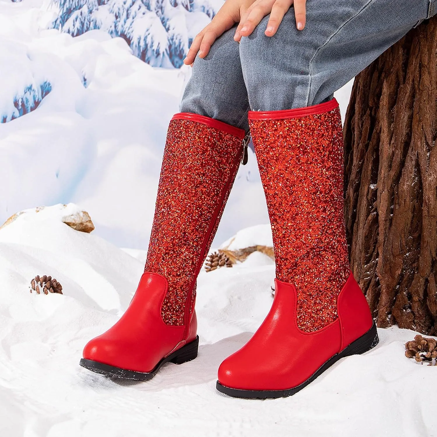 Girls Cowgirl Boots Mid Calf Square Toe Western Boot for Kids Sparkly Glitter Cowboy Boots Toddler Girls Riding Shoes