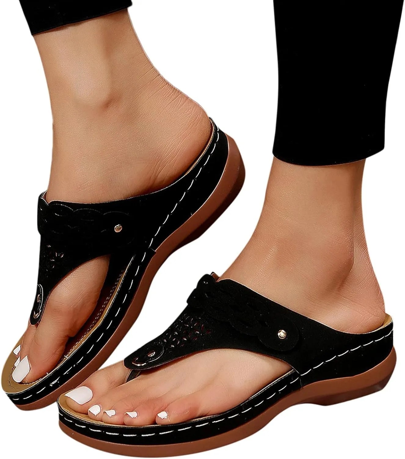 Hbeylia Orthopedic Sandals for Women,Women Summer Retro T-strap Flip Flop with Arch Support Wedge Sandal Thong Slippers Anti-Slip Slip On Flat Sandals Comfy Breathable Outdoor Beach Walking Shoes