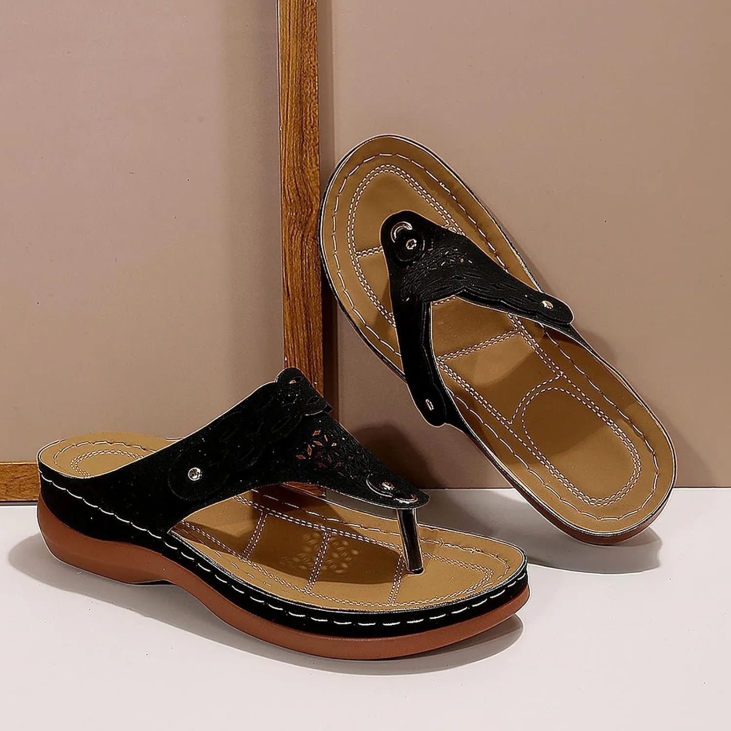 Hbeylia Orthopedic Sandals for Women,Women Summer Retro T-strap Flip Flop with Arch Support Wedge Sandal Thong Slippers Anti-Slip Slip On Flat Sandals Comfy Breathable Outdoor Beach Walking Shoes