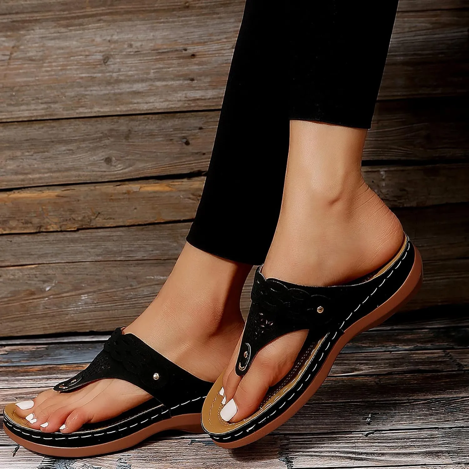 Hbeylia Orthopedic Sandals for Women,Women Summer Retro T-strap Flip Flop with Arch Support Wedge Sandal Thong Slippers Anti-Slip Slip On Flat Sandals Comfy Breathable Outdoor Beach Walking Shoes