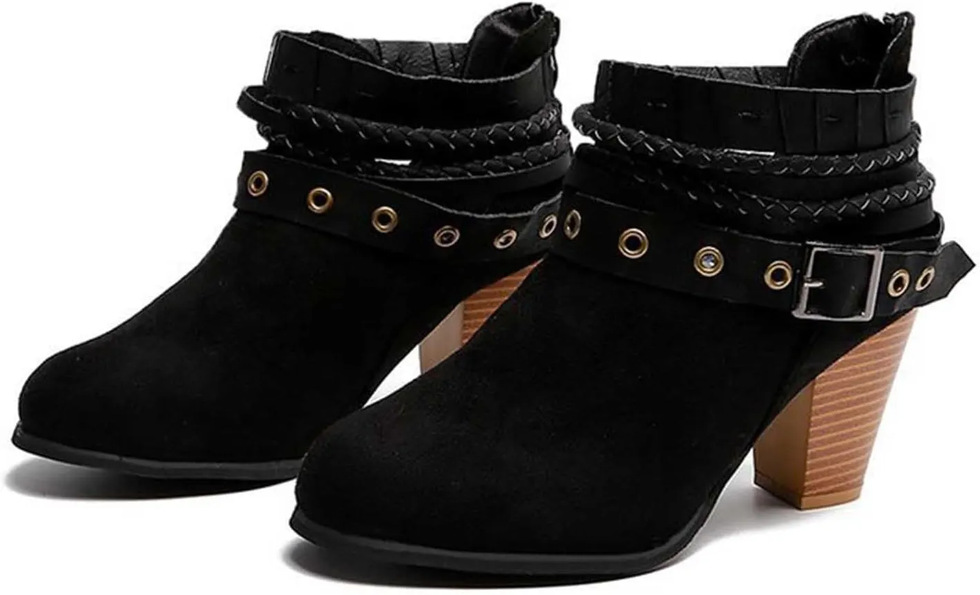 Heels for Women Suede Belt Buckle Chunky Heel Boots Round Hole Strappy Boots Vintage Fashion Back Zipper Boots
