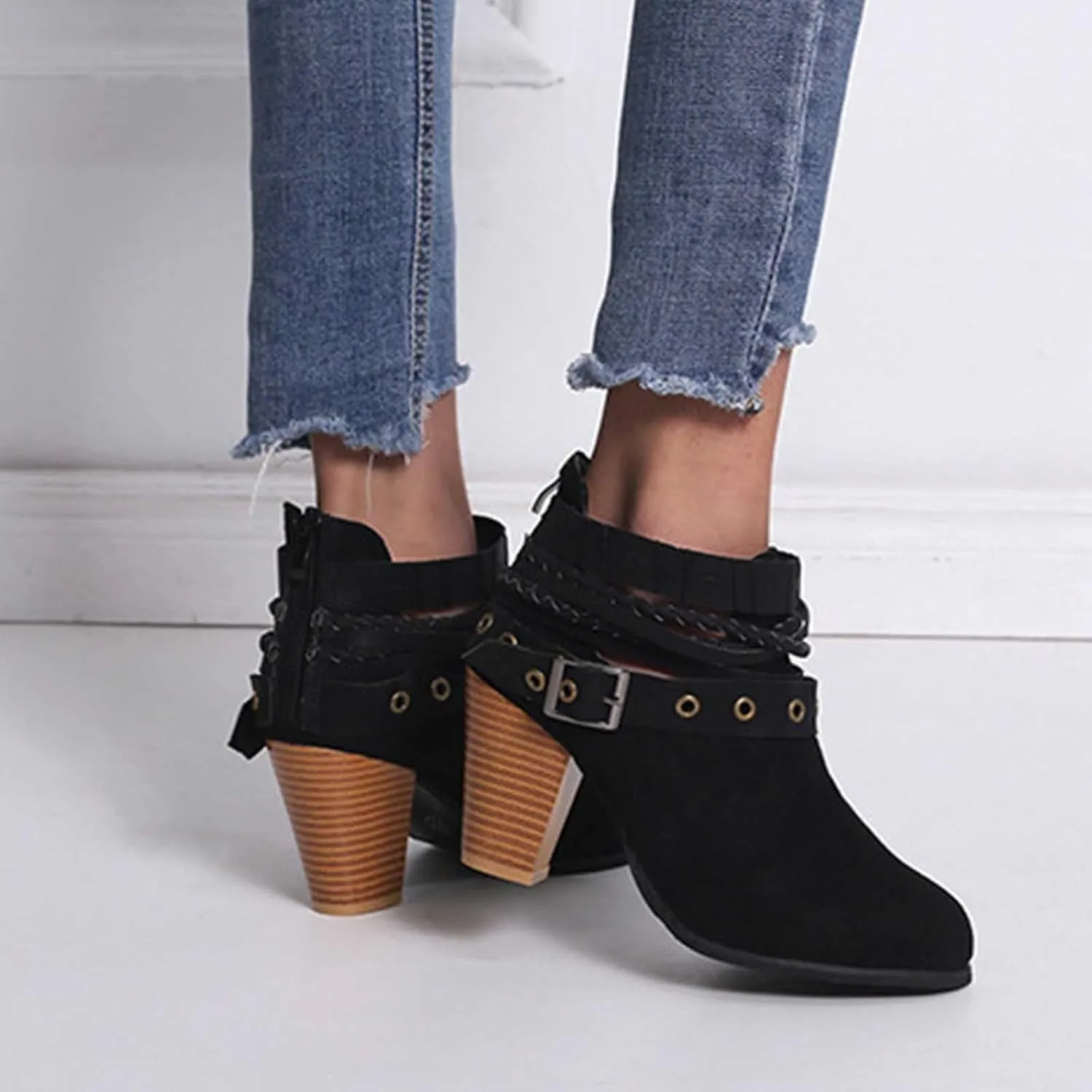 Heels for Women Suede Belt Buckle Chunky Heel Boots Round Hole Strappy Boots Vintage Fashion Back Zipper Boots