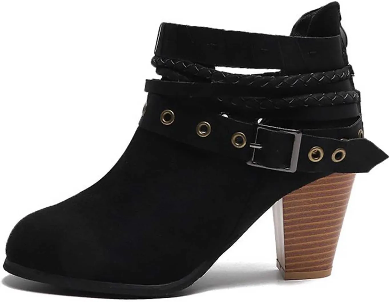 Heels for Women Suede Belt Buckle Chunky Heel Boots Round Hole Strappy Boots Vintage Fashion Back Zipper Boots