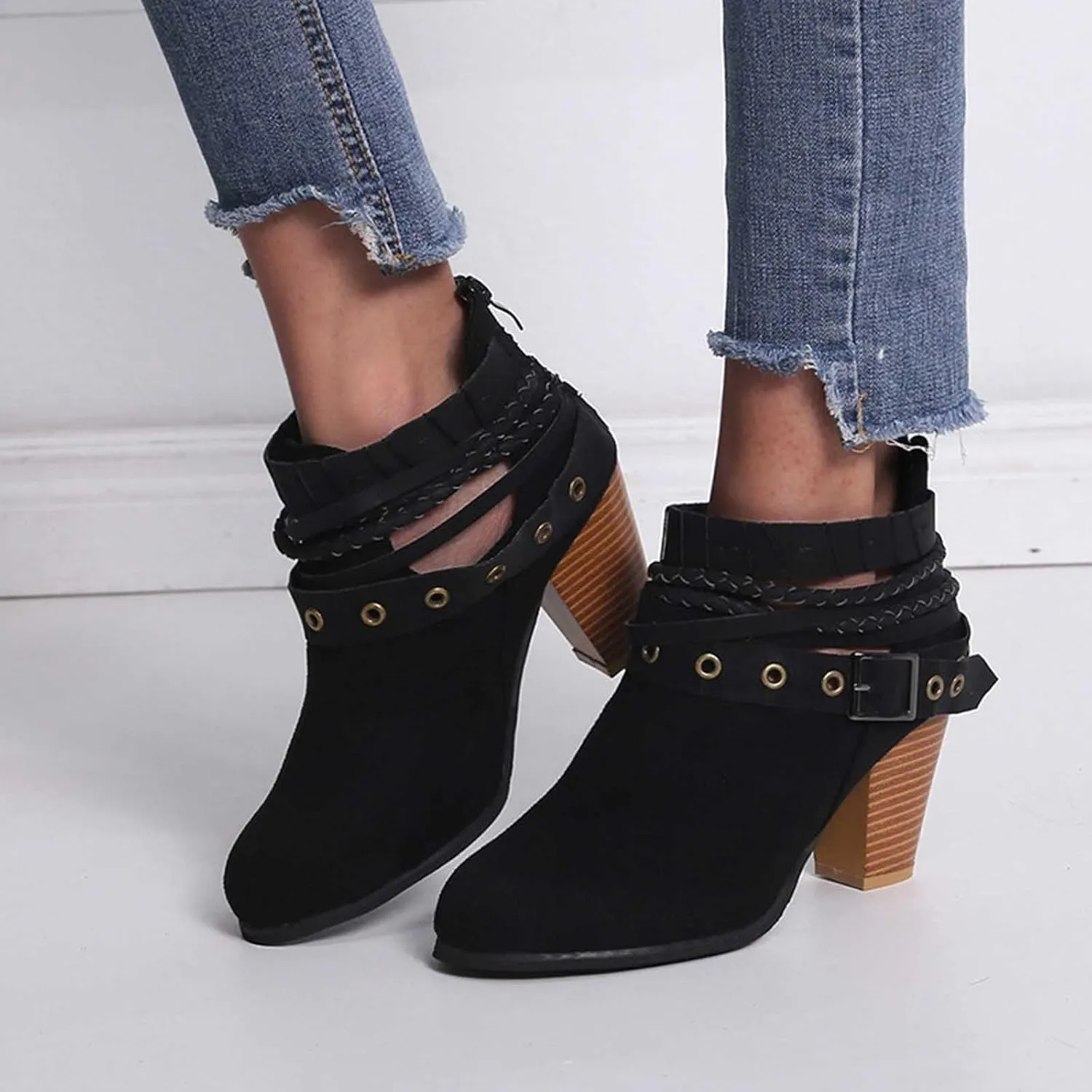 Heels for Women Suede Belt Buckle Chunky Heel Boots Round Hole Strappy Boots Vintage Fashion Back Zipper Boots
