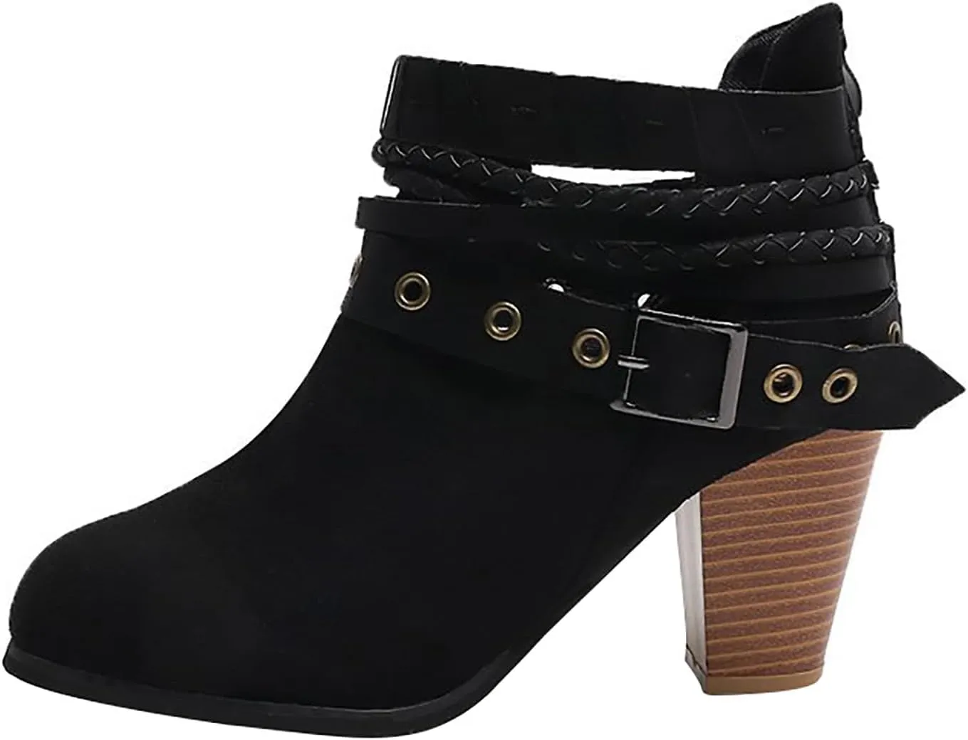 Heels for Women Suede Belt Buckle Chunky Heel Boots Round Hole Strappy Boots Vintage Fashion Back Zipper Boots