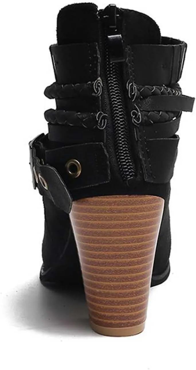 Heels for Women Suede Belt Buckle Chunky Heel Boots Round Hole Strappy Boots Vintage Fashion Back Zipper Boots