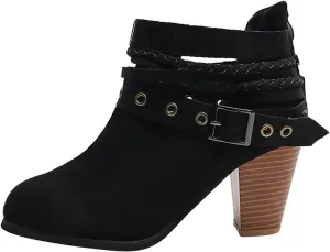 Heels for Women Suede Belt Buckle Chunky Heel Boots Round Hole Strappy Boots Vintage Fashion Back Zipper Boots