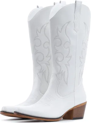 IUV Cowboy Boots For Women Western Cowgirl Boots Mid Calf Snip Toe Boot With Chunky Heel