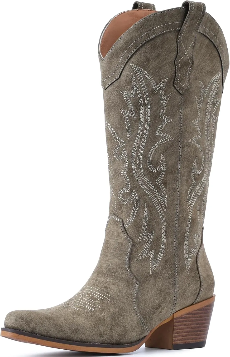 IUV Cowboy Boots For Women Western Cowgirl Boots with Chunky Heel Mid Calf Snip Toe Ideal for low insteps