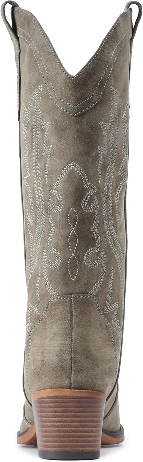 IUV Cowboy Boots For Women Western Cowgirl Boots with Chunky Heel Mid Calf Snip Toe Ideal for low insteps