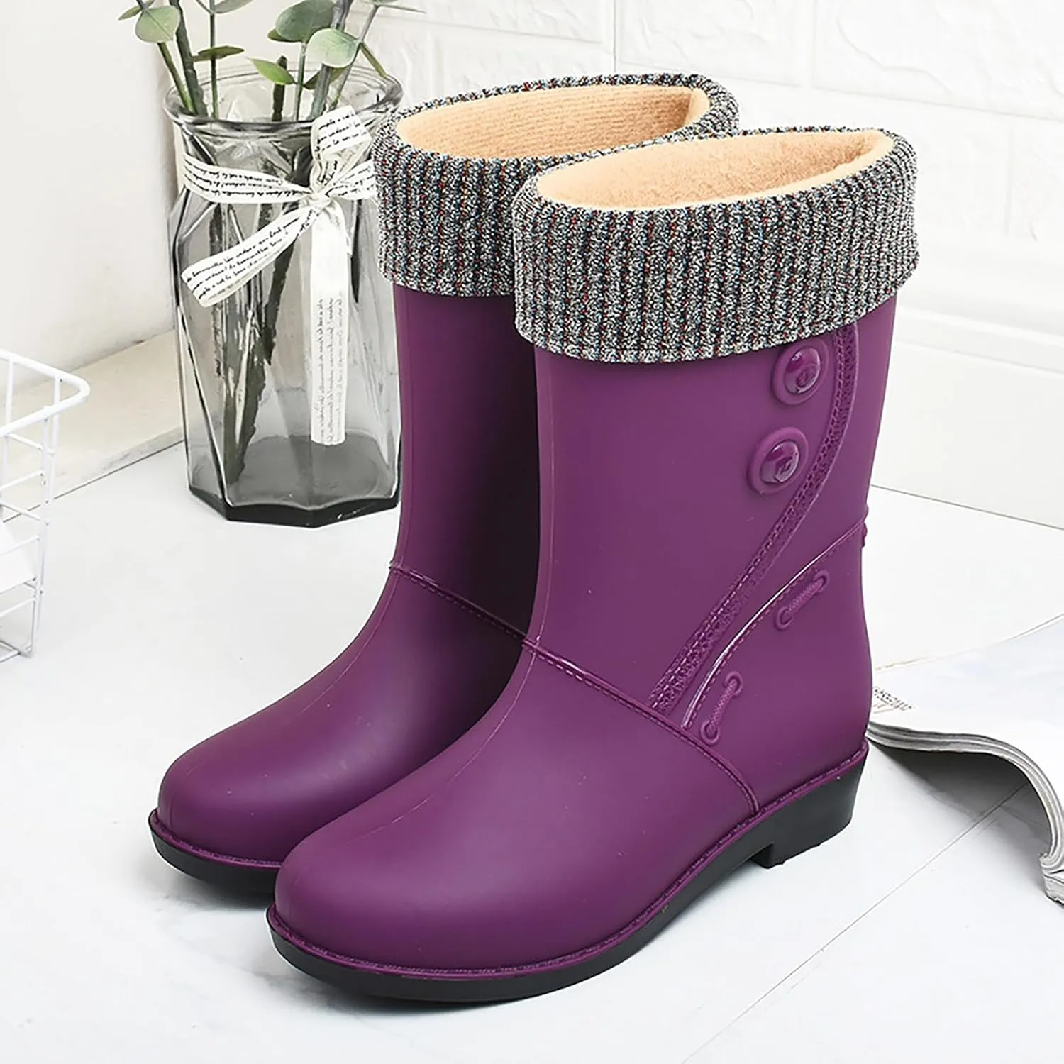 IWIHMIV Raining Boots for Women Rubber Boots for Women Waterproof Rain Boots Mid Calf Boots Non-Slip Fleece Lined Rain Boots