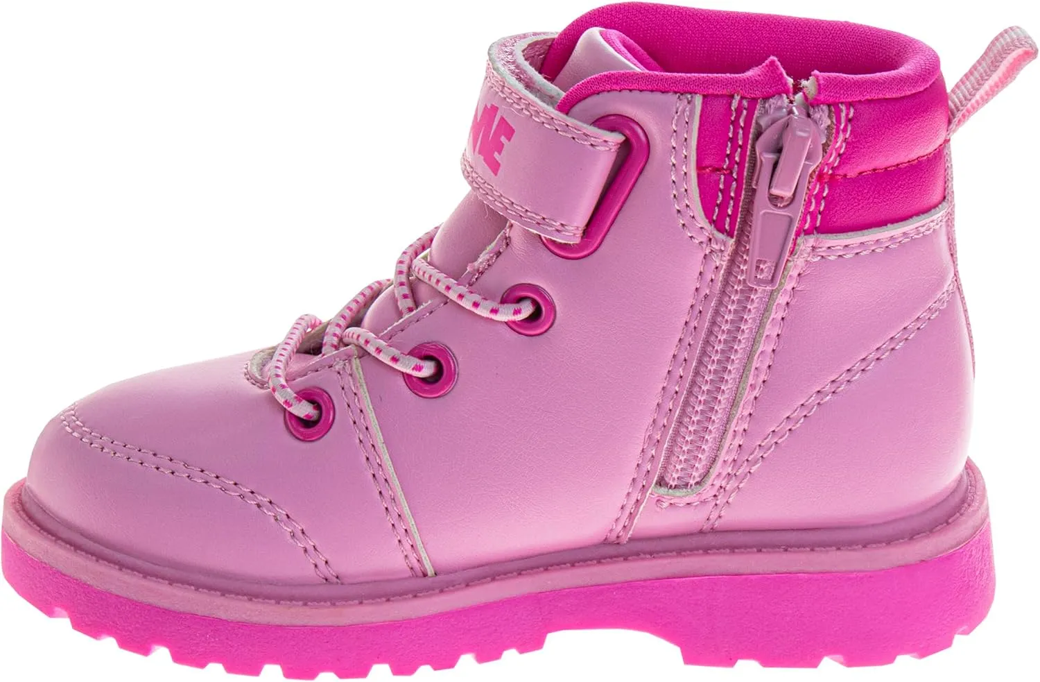 Josmo Minnie Mouse Boots for Girls MidCalf Zipper and Strap Closure - Minnie Workboot Construction Boot Trekking Walking Hiking Climbing (Sizes: 7-10 Toddler / 11-12 Little Kid)