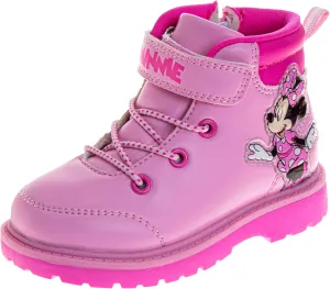 Josmo Minnie Mouse Boots for Girls MidCalf Zipper and Strap Closure - Minnie Workboot Construction Boot Trekking Walking Hiking Climbing (Sizes: 7-10 Toddler / 11-12 Little Kid)