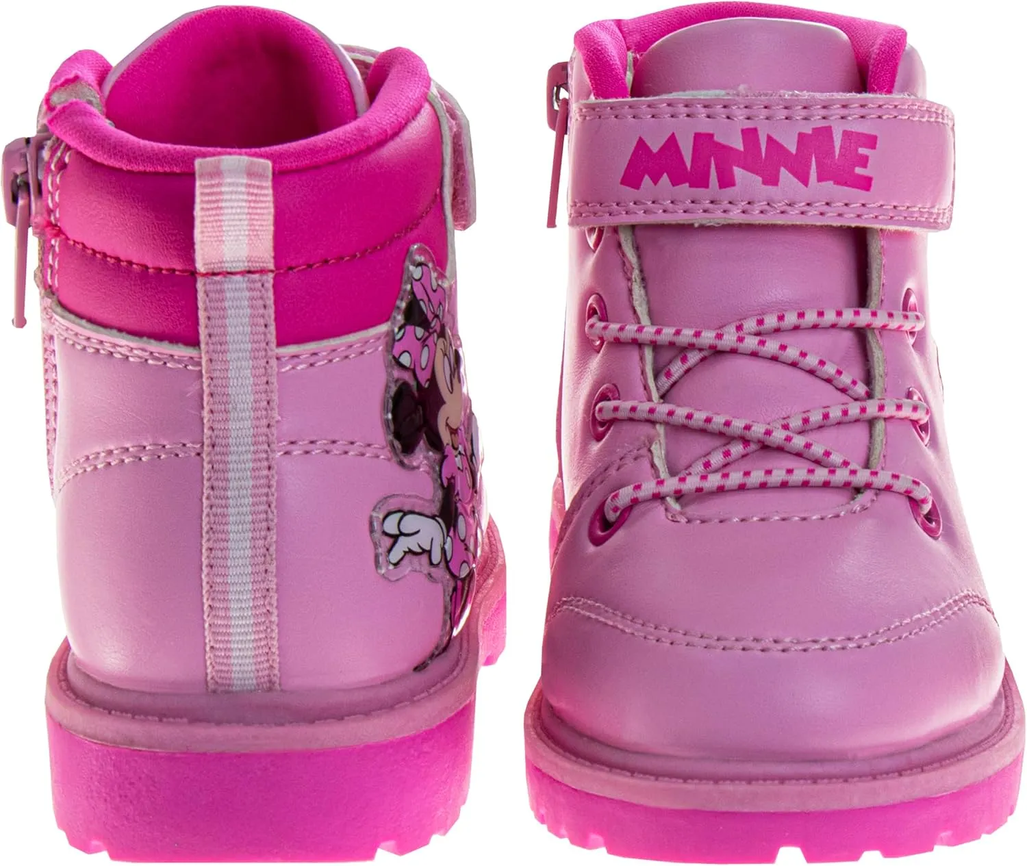 Josmo Minnie Mouse Boots for Girls MidCalf Zipper and Strap Closure - Minnie Workboot Construction Boot Trekking Walking Hiking Climbing (Sizes: 7-10 Toddler / 11-12 Little Kid)