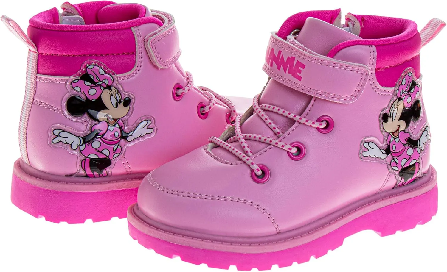 Josmo Minnie Mouse Boots for Girls MidCalf Zipper and Strap Closure - Minnie Workboot Construction Boot Trekking Walking Hiking Climbing (Sizes: 7-10 Toddler / 11-12 Little Kid)