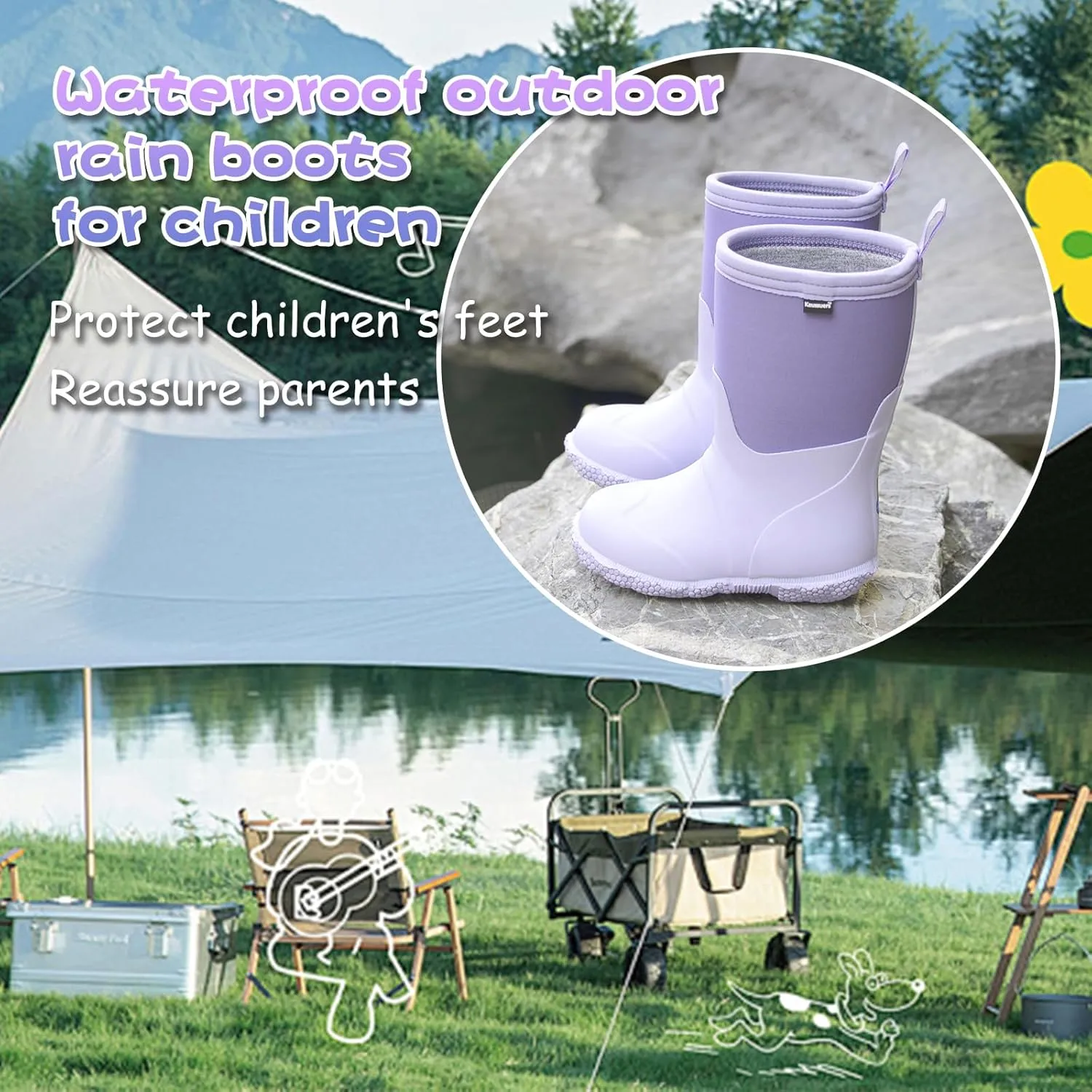 Kaussures Kids Rain Boots for Toddler Girls Boys Waterproof Insulated Rubber Winter Rain Boot for Child