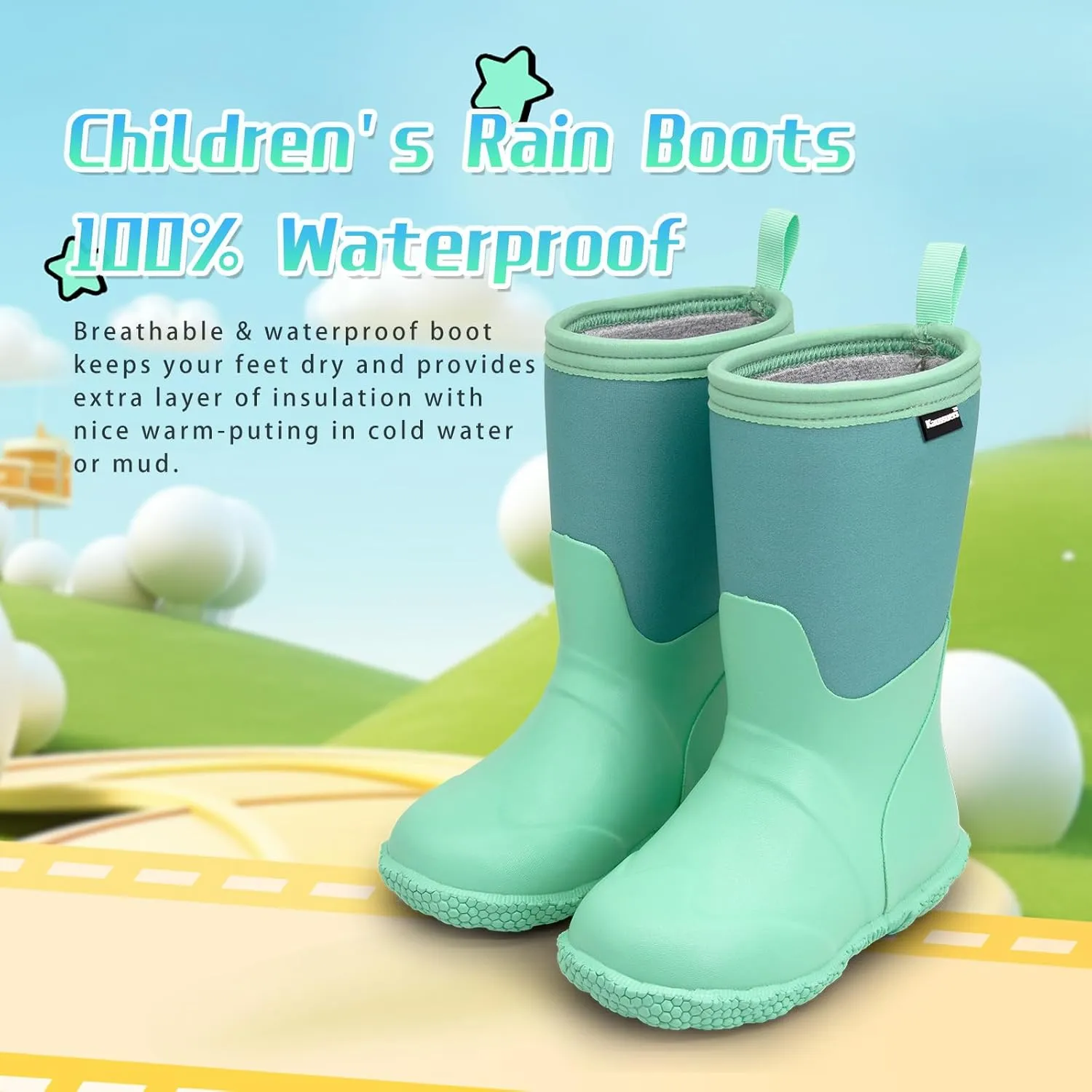 Kaussures Kids Rain Boots for Toddler Girls Boys Waterproof Insulated Rubber Winter Rain Boot for Child