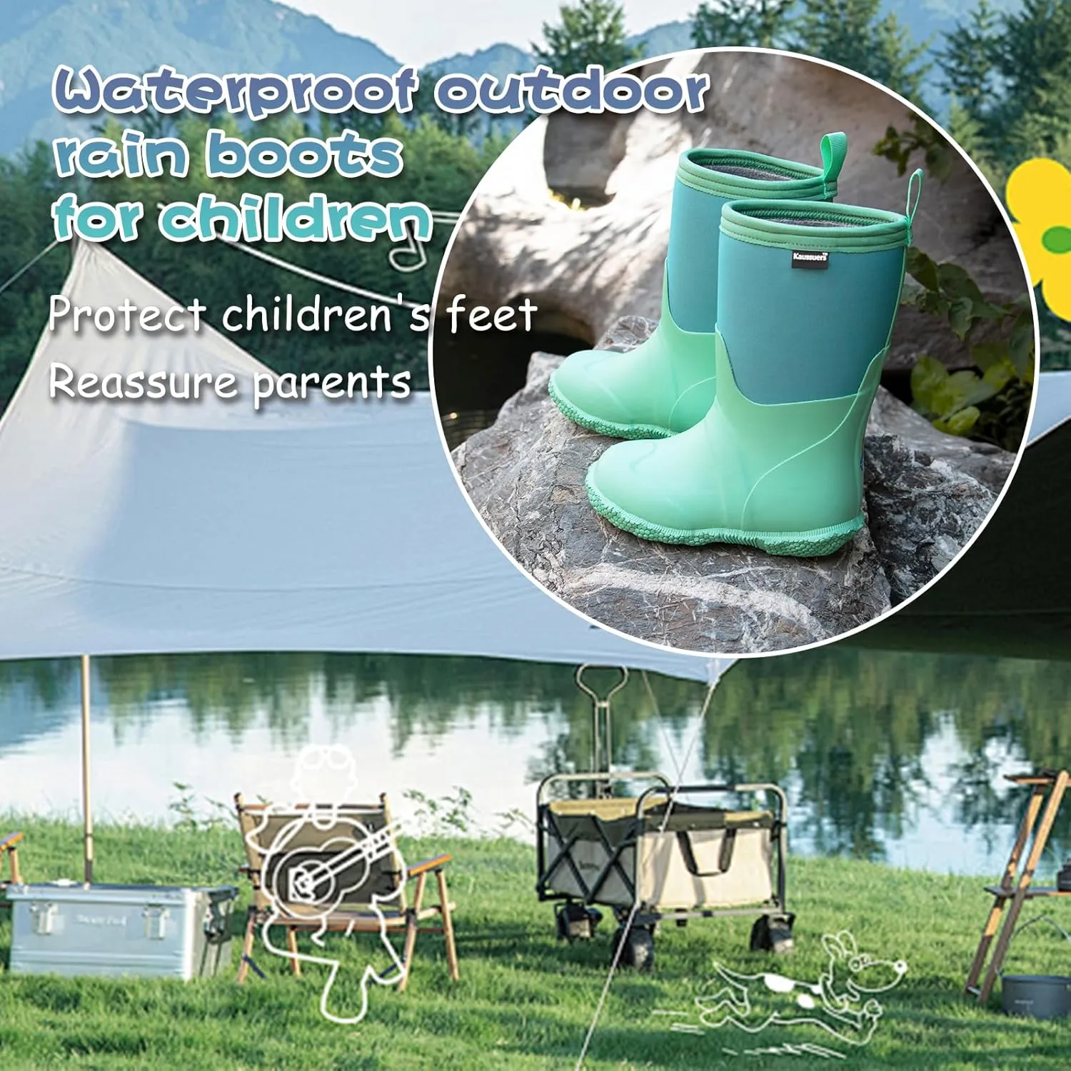 Kaussures Kids Rain Boots for Toddler Girls Boys Waterproof Insulated Rubber Winter Rain Boot for Child