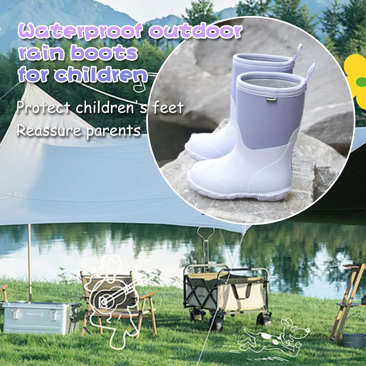 Kaussures Kids Rain Boots for Toddler Girls Boys Waterproof Insulated Rubber Winter Rain Boot for Child