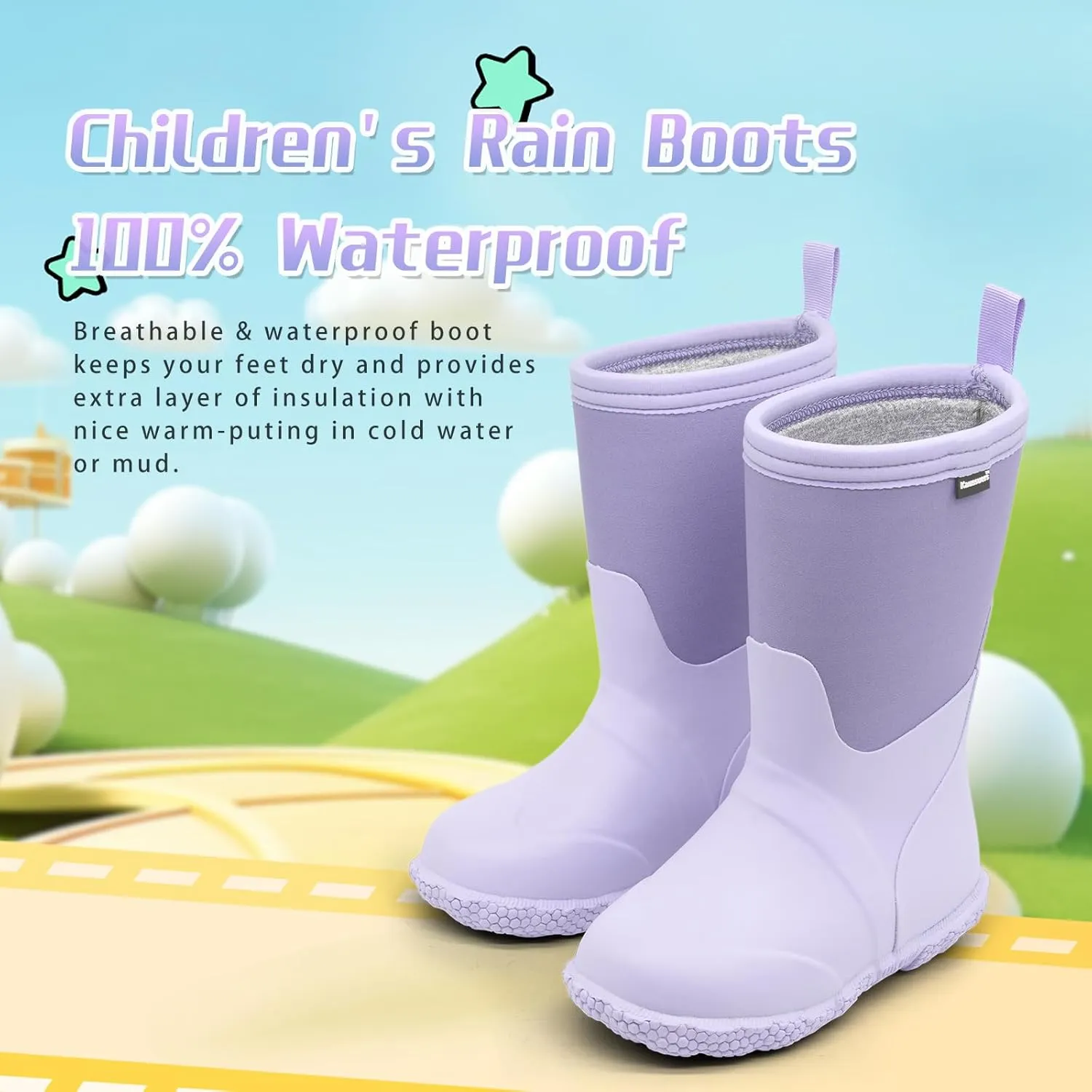 Kaussures Kids Rain Boots for Toddler Girls Boys Waterproof Insulated Rubber Winter Rain Boot for Child