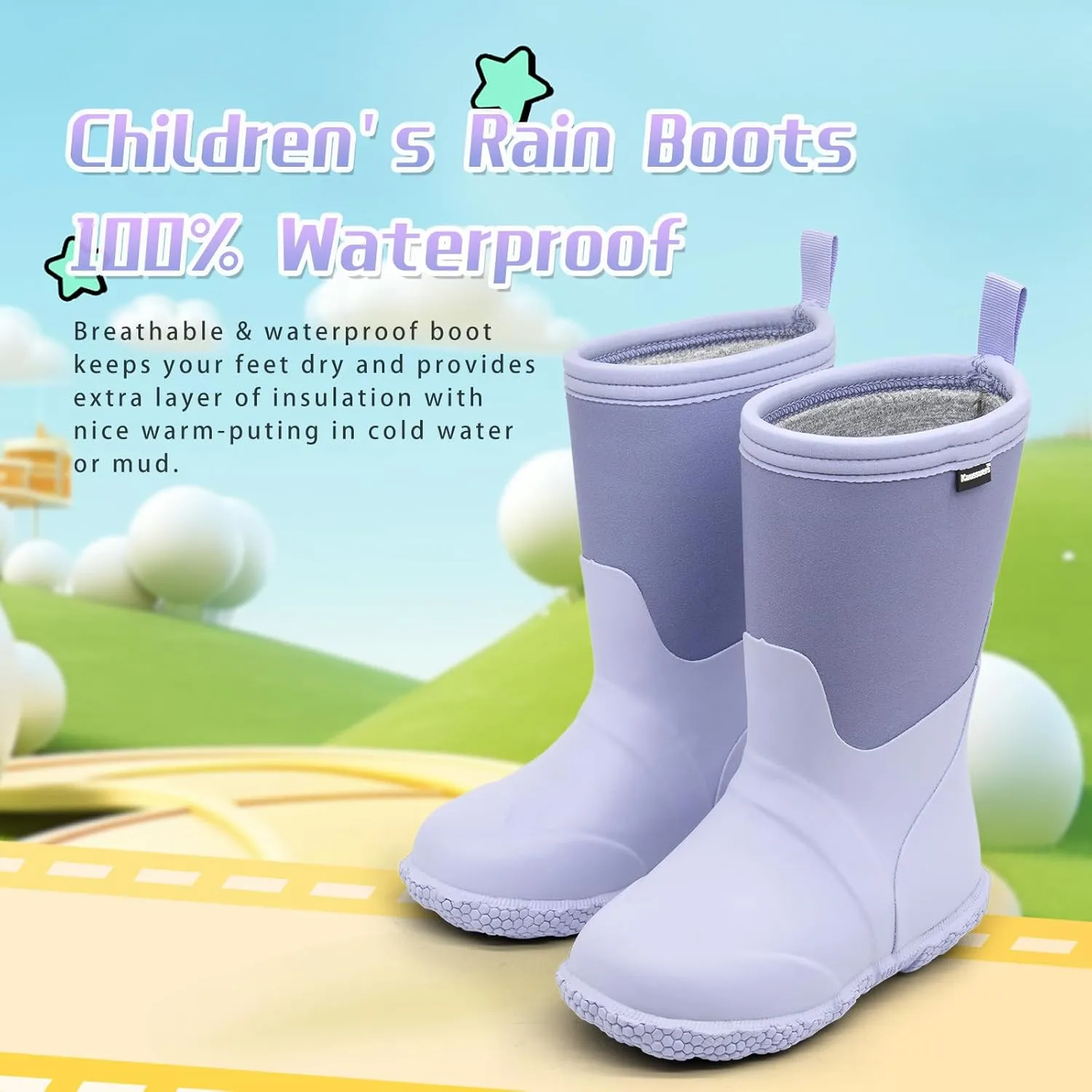 Kaussures Kids Rain Boots for Toddler Girls Boys Waterproof Insulated Rubber Winter Rain Boot for Child
