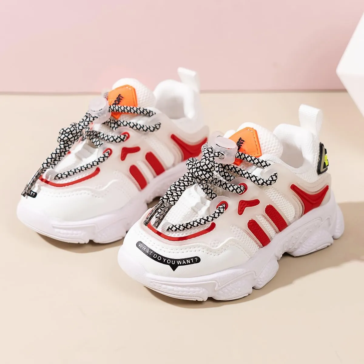 Kids Fashion Sneakers, Mesh Athletic Running Shoes, White and Red, Chunky Platform